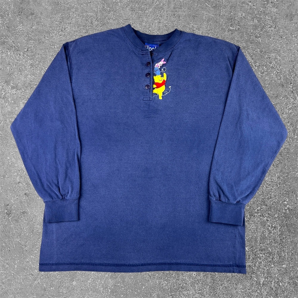 Vintage Disney Pooh Navy Blue Long Sleeve Henley Shirt Mens Large Embroidered